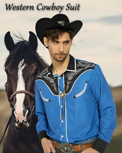 kasahara 4Pcs Mens Cowboy Costume Western Shirts Men with Cowboy Hat Belt Bolo Tie Accessories Western Outfit for Men in Kuwait