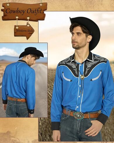 kasahara 4Pcs Mens Cowboy Costume Western Shirts Men with Cowboy Hat Belt Bolo Tie Accessories Western Outfit for Men in Kuwait