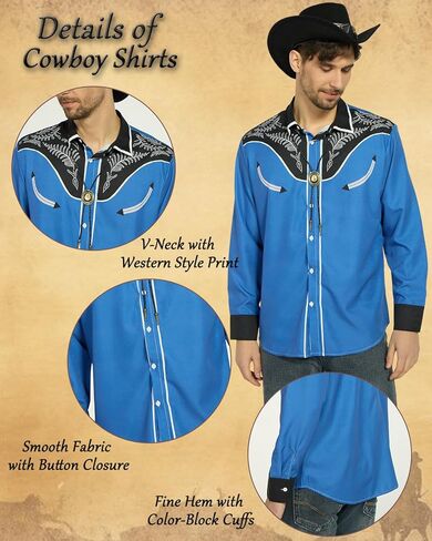 kasahara 4Pcs Mens Cowboy Costume Western Shirts Men with Cowboy Hat Belt Bolo Tie Accessories Western Outfit for Men in Kuwait