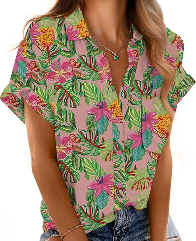 Short Sleeve Shirts for Women V Neck Loose Collared Button Down Shirt Casual Summer Tops with Pockets Beach Blouse in Saudi Arabia