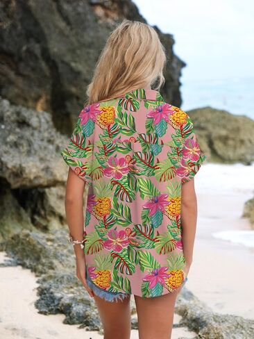 Short Sleeve Shirts for Women V Neck Loose Collared Button Down Shirt Casual Summer Tops with Pockets Beach Blouse in Saudi Arabia