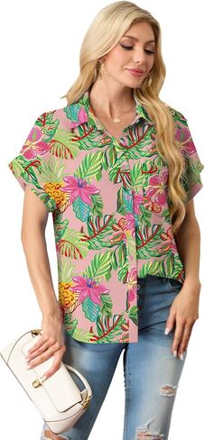 Short Sleeve Shirts for Women V Neck Loose Collared Button Down Shirt Casual Summer Tops with Pockets Beach Blouse in Saudi Arabia