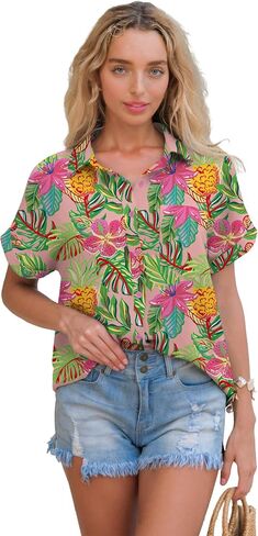 Short Sleeve Shirts for Women V Neck Loose Collared Button Down Shirt Casual Summer Tops with Pockets Beach Blouse in Saudi Arabia
