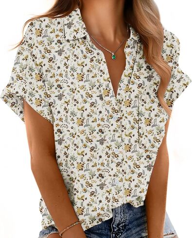 Short Sleeve Shirts for Women V Neck Loose Collared Button Down Shirt Casual Summer Tops with Pockets Beach Blouse in Saudi Arabia