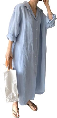 GGUHHU Womens Chic Button Down Rolled-Up Sleeve Long Cotton Blouse Maxi Dress in Saudi Arabia