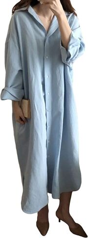 GGUHHU Womens Chic Button Down Rolled-Up Sleeve Long Cotton Blouse Maxi Dress in Saudi Arabia