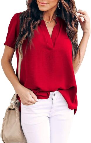 Allimy Women Summer Casual Split V Neckline Chiffon Blouses Loose Tunic Short Sleeve Tops in Kuwait