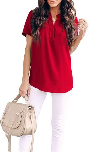 Allimy Women Summer Casual Split V Neckline Chiffon Blouses Loose Tunic Short Sleeve Tops in Kuwait