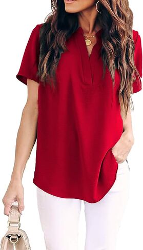 Allimy Women Summer Casual Split V Neckline Chiffon Blouses Loose Tunic Short Sleeve Tops in Kuwait