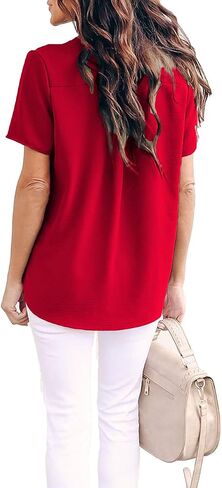 Allimy Women Summer Casual Split V Neckline Chiffon Blouses Loose Tunic Short Sleeve Tops in Kuwait