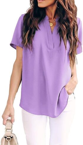 Allimy Women Summer Casual Split V Neckline Chiffon Blouses Loose Tunic Short Sleeve Tops in Kuwait