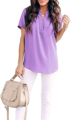 Allimy Women Summer Casual Split V Neckline Chiffon Blouses Loose Tunic Short Sleeve Tops in Kuwait