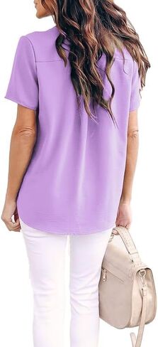 Allimy Women Summer Casual Split V Neckline Chiffon Blouses Loose Tunic Short Sleeve Tops in Kuwait