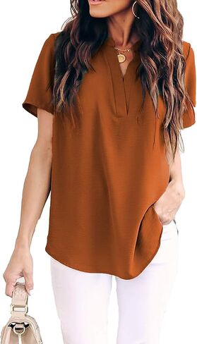 Allimy Women Summer Casual Split V Neckline Chiffon Blouses Loose Tunic Short Sleeve Tops in Kuwait
