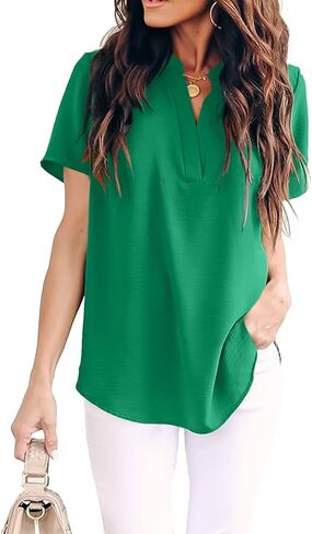 Allimy Women Summer Casual Split V Neckline Chiffon Blouses Loose Tunic Short Sleeve Tops in Saudi Arabia