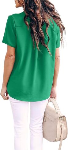 Allimy Women Summer Casual Split V Neckline Chiffon Blouses Loose Tunic Short Sleeve Tops in Saudi Arabia