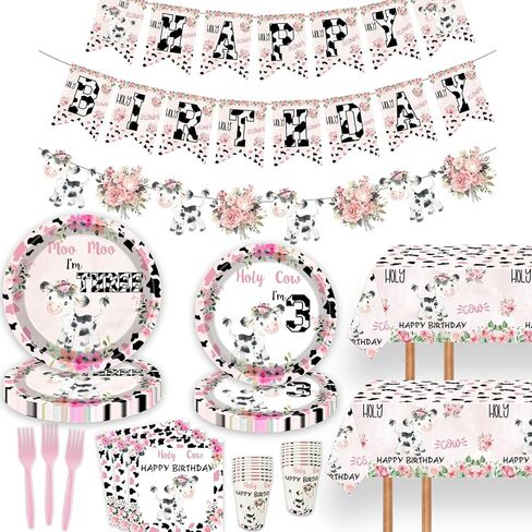 80pcs Holy Cow I'm 1/2 Girls Birthday Decorations Moo Moo I'm Half Way To First Paper Plates Napkins Forks Dinnerware for Farm Animals Cow Themed Girls 6 Months Baby Shower Bday Party Supplies in Kuwait