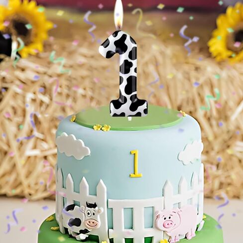 Number 1 Candles 1st Birthday Candles Cow Black Happy Birthday Candle Premium Wax & Metallic Design Cow Themed Cake Topper Decorations for Birthday Party Anniversary Celebration Supplies in Saudi Arabia