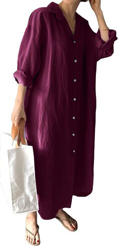 GGUHHU Womens Chic Button Down Rolled-Up Sleeve Long Cotton Blouse Maxi Dress in Saudi Arabia