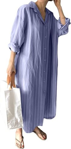 GGUHHU Womens Chic Button Down Rolled-Up Sleeve Long Cotton Blouse Maxi Dress in Saudi Arabia