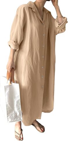 GGUHHU Womens Chic Button Down Rolled-Up Sleeve Long Cotton Blouse Maxi Dress in Kuwait