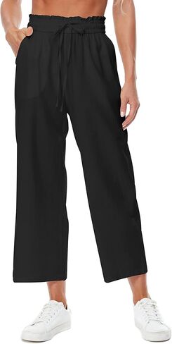 Womens Casual Linen Pants Wide Leg High Elastic Waisted Drawstring Summer Pants with Pockets in Kuwait