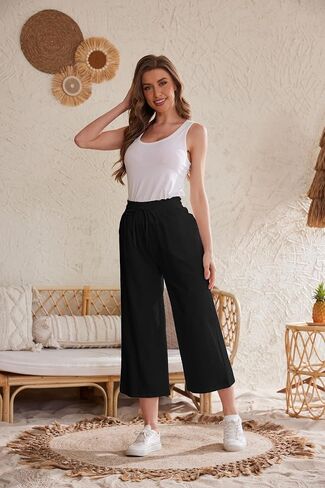 Womens Casual Linen Pants Wide Leg High Elastic Waisted Drawstring Summer Pants with Pockets in Kuwait