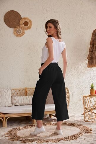 Womens Casual Linen Pants Wide Leg High Elastic Waisted Drawstring Summer Pants with Pockets in Kuwait