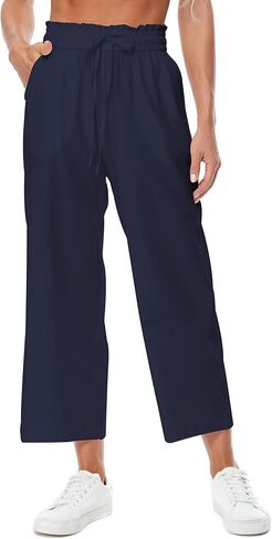 Womens Casual Linen Pants Wide Leg High Elastic Waisted Drawstring Summer Pants with Pockets in Kuwait
