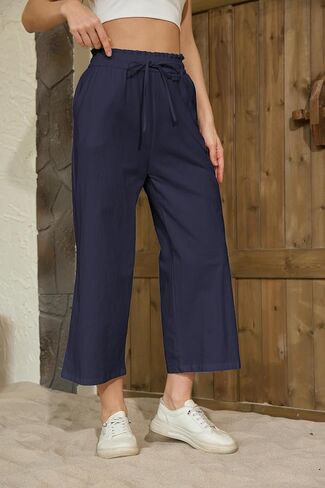 Womens Casual Linen Pants Wide Leg High Elastic Waisted Drawstring Summer Pants with Pockets in Kuwait