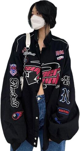 Women Y2K Vintage Varsity Jacket Hip Hop Racer Graphic Bomber Jacket Japanese Harajuku Button Up Sweatshirt Outerwear in Saudi Arabia