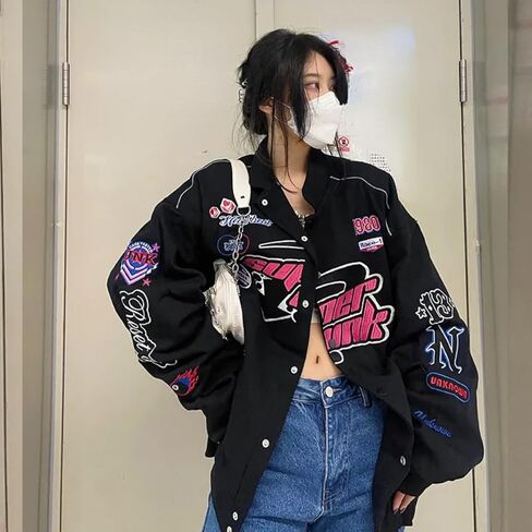 Women Y2K Vintage Varsity Jacket Hip Hop Racer Graphic Bomber Jacket Japanese Harajuku Button Up Sweatshirt Outerwear in Saudi Arabia