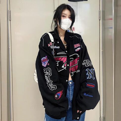 Women Y2K Vintage Varsity Jacket Hip Hop Racer Graphic Bomber Jacket Japanese Harajuku Button Up Sweatshirt Outerwear in Saudi Arabia