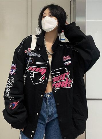 Women Y2K Vintage Varsity Jacket Hip Hop Racer Graphic Bomber Jacket Japanese Harajuku Button Up Sweatshirt Outerwear in Saudi Arabia