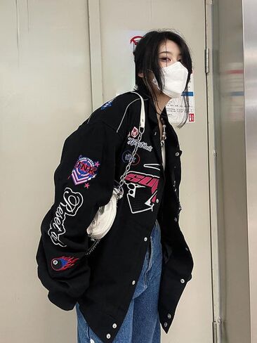 Women Y2K Vintage Varsity Jacket Hip Hop Racer Graphic Bomber Jacket Japanese Harajuku Button Up Sweatshirt Outerwear in Saudi Arabia