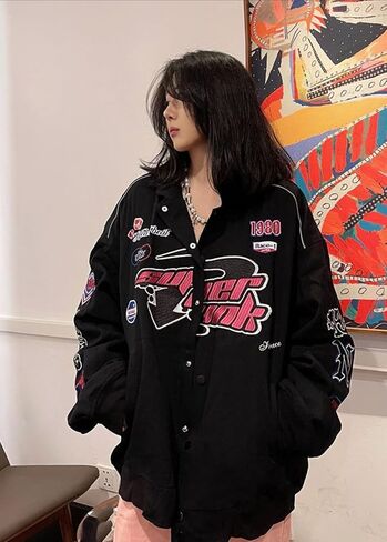 Women Y2K Vintage Varsity Jacket Hip Hop Racer Graphic Bomber Jacket Japanese Harajuku Button Up Sweatshirt Outerwear in Saudi Arabia