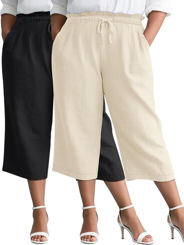 2 Pack Women's Plus Size Capis Pants Linen Cotton High Waist Drawstring Loose Cropped Casual Trousers with Pockets in Kuwait