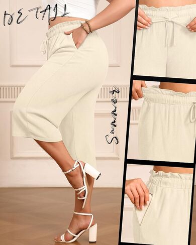 2 Pack Women's Plus Size Capis Pants Linen Cotton High Waist Drawstring Loose Cropped Casual Trousers with Pockets in Kuwait