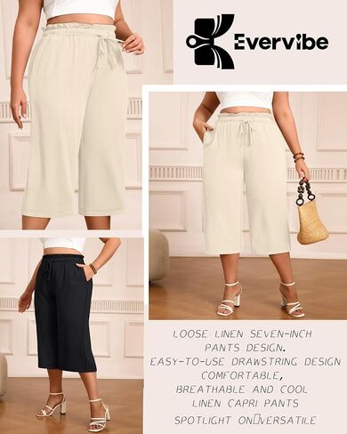 2 Pack Women's Plus Size Capis Pants Linen Cotton High Waist Drawstring Loose Cropped Casual Trousers with Pockets in Kuwait