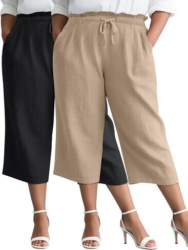 2 Pack Women's Plus Size Capis Pants Linen Cotton High Waist Drawstring Loose Cropped Casual Trousers with Pockets in Saudi Arabia