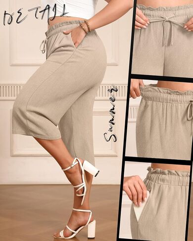 2 Pack Women's Plus Size Capis Pants Linen Cotton High Waist Drawstring Loose Cropped Casual Trousers with Pockets in Saudi Arabia
