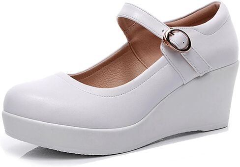 Women's Genuine Leather Platform Wedge Mary Jane Shoes Classic Round to Ankle Strap Height Increase Dress Pumps Daily Business Office Formal Shoes in Saudi Arabia