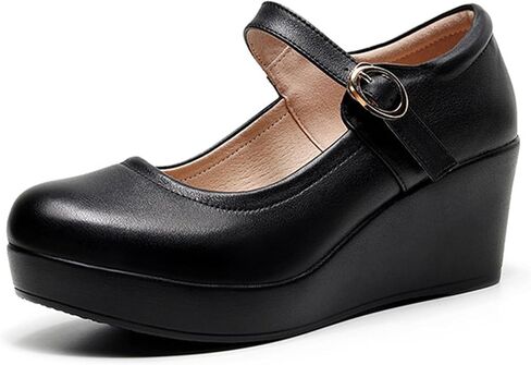 Women's Genuine Leather Platform Wedge Mary Jane Shoes Classic Round to Ankle Strap Height Increase Dress Pumps Daily Business Office Formal Shoes in Saudi Arabia