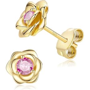 Rose Flower Gold Plated Stud Earrings For Women 925 Sterling Silver Post,Cubic Zirconia Hypoallergenic & Nickel Free Jewelry