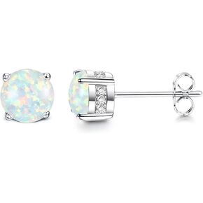 Milacolato Opal Earrings 18K Gold Plated Stainless Steel Post Round Cut Created White/Blue/Pink Opal Stud Earrings for Women 6MM