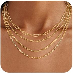Layered Gold Necklaces for Women, Stackable Dainty 14K Gold Silver Plated Simple Satellite Cuba Figaro Paperclip Chain Necklace Trendy Choker Necklace Gold Jewelry Set Gifts for Women