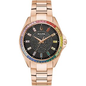 Bulova Men's Crystal Phantom Rose Gold Tone Stainless Steel 3-Hand Watch, Rainbow Crystal Bezel and Black Dial with Pave Center, Style:97A180