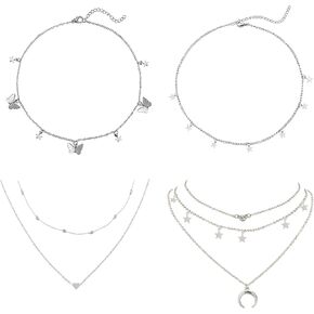 Bella-Bee 4pcs قلادة قلادة قلادة قلادة قابلة للتعديل مع قلادة ذات طبقة فضية مع قلادة قلادة قلادة قلادة متعددة الطبقات سلسلة من السلسلة