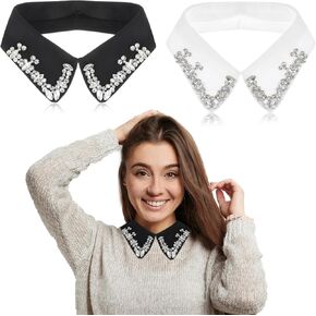 2pcs Rhinestone Fake Collar for Women, Detachable White Collar and Black Collar, Elegant Dickey Collar for Women, Faux Collar Women, Perfect Shirt Collar for Women, Dickie Shirt Collar for Women