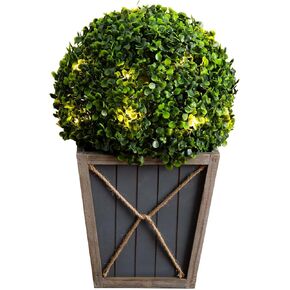 Nearly Natural 18in. UV Resistant Artificial Boxwood Ball Topiary with LED Lights in Decorative Planter (Indoor/Outdoor)